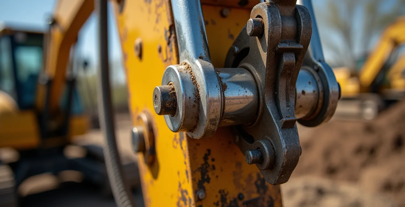 Détail macro du système hydraulique d'une excavatrice en pleine action