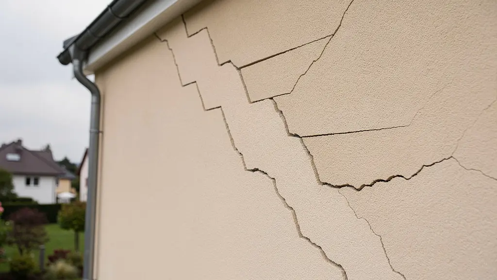 Fissures en escalier sur façade de maison individuelle causées par retrait-gonflement argile Fissures en escalier sur façade de maison individuelle causées par retrait-gonflement argile