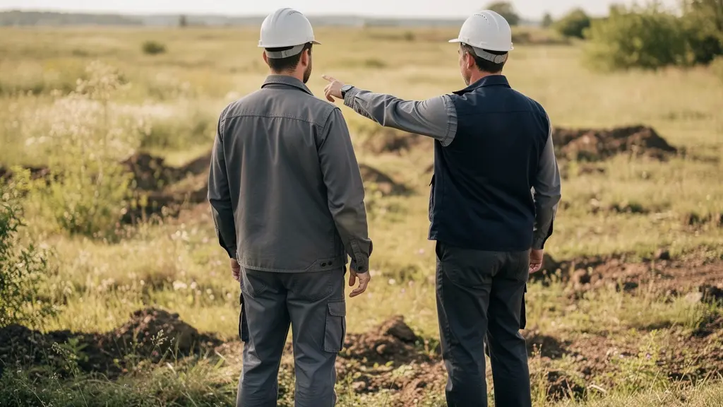 Géotechnicien et maître d'ouvrage échangeant sur terrain constructible Géotechnicien et maître d'ouvrage échangeant sur terrain constructible